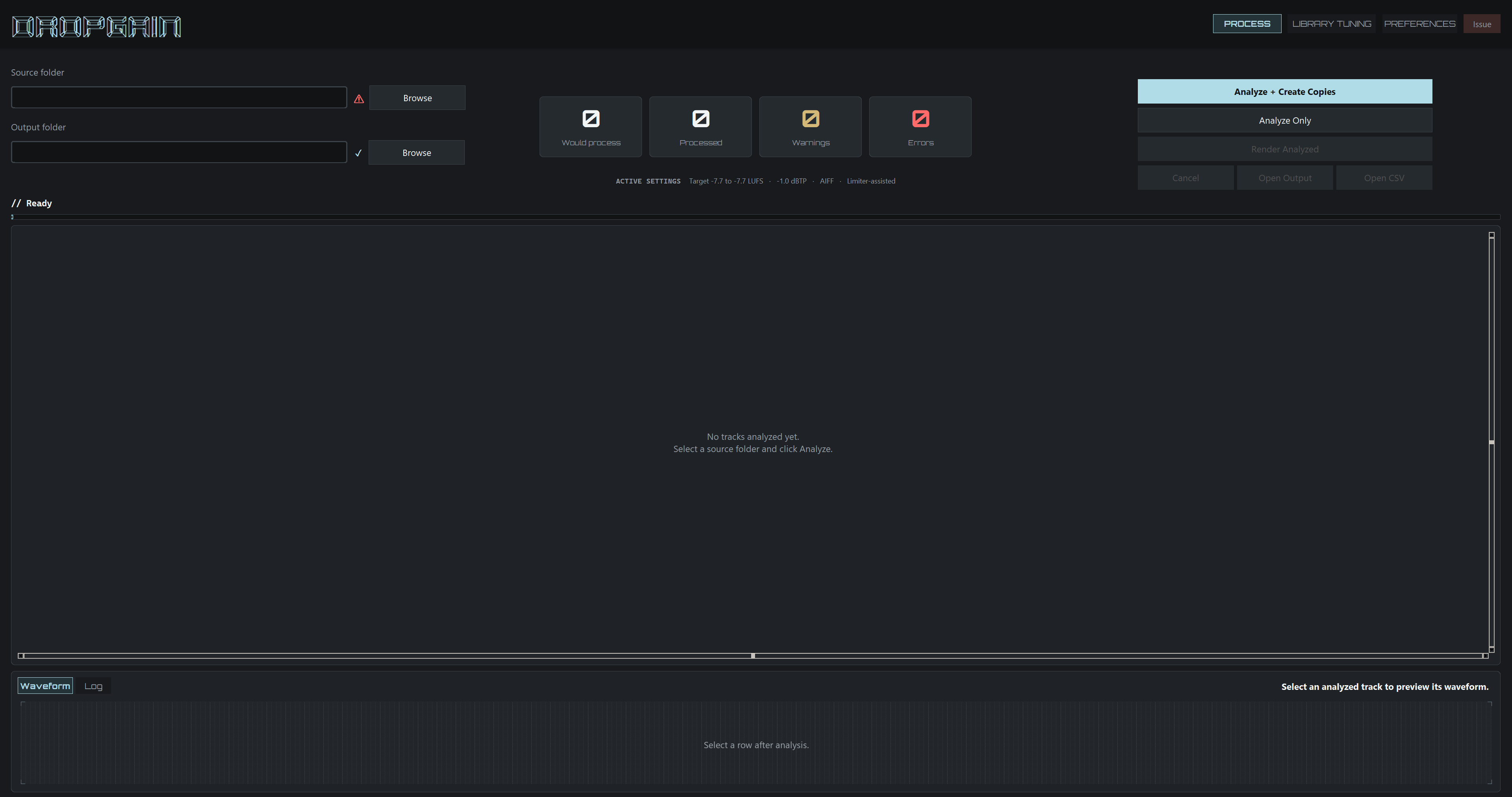 DropGain application on the Process tab with source folder inputs, metric tiles, and waveform preview